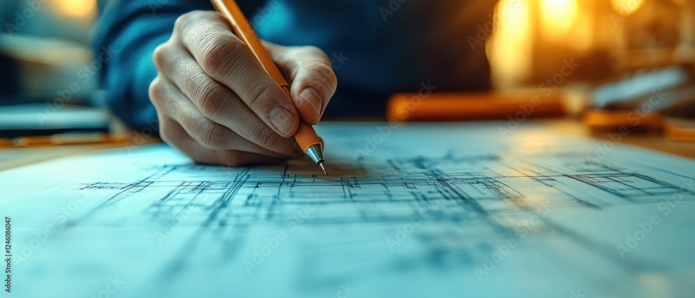 Close Up of Hand Sketching Architectural Blueprints on Desk with Natural Light Close Up of Hand Sketching Architectural Blueprints on Desk with Natural Light
