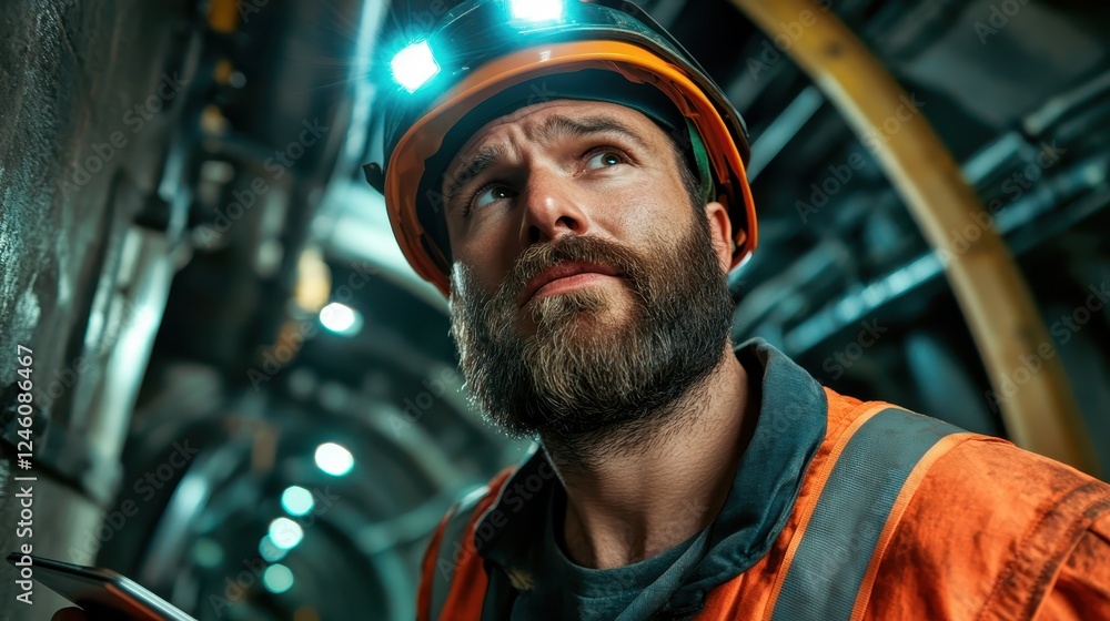 A rugged miner captures a moment of intrigue as he observes his surroundings in a dimly lit tunnel, exemplifying adventure and determination in a challenging environment. A rugged miner captures a moment of intrigue as he observes his surroundings in a dimly lit tunnel, exemplifying adventure and determination in a challenging environment.