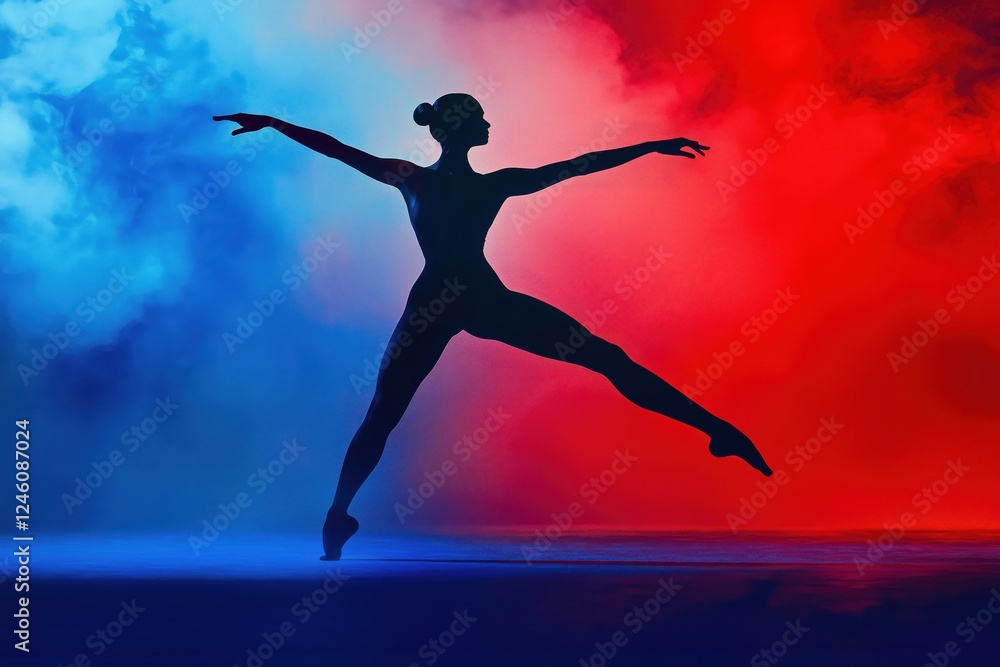 A graceful dancer in silhouette performing against a vibrant red and blue smoky background. A graceful dancer in silhouette performing against a vibrant red and blue smoky background.
