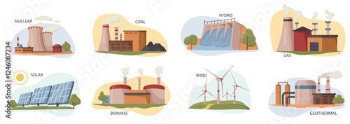 Illustrated energy sources like nuclear, coal, solar, and wind, set against colorful backgrounds. Concept of energy generation. Vector illustration
