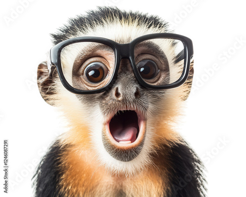 Photography silly monkey wearing oversized glasses, expressing surprise and joy