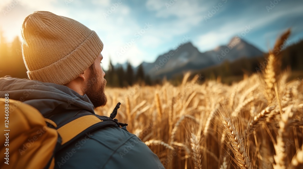 A man in a cozy beanie gazes at majestic mountains while standing in a golden wheat field, reflecting on nature’s beauty and the tranquility it brings to the soul. A man in a cozy beanie gazes at majestic mountains while standing in a golden wheat field, reflecting on nature’s beauty and the tranquility it brings to the soul.