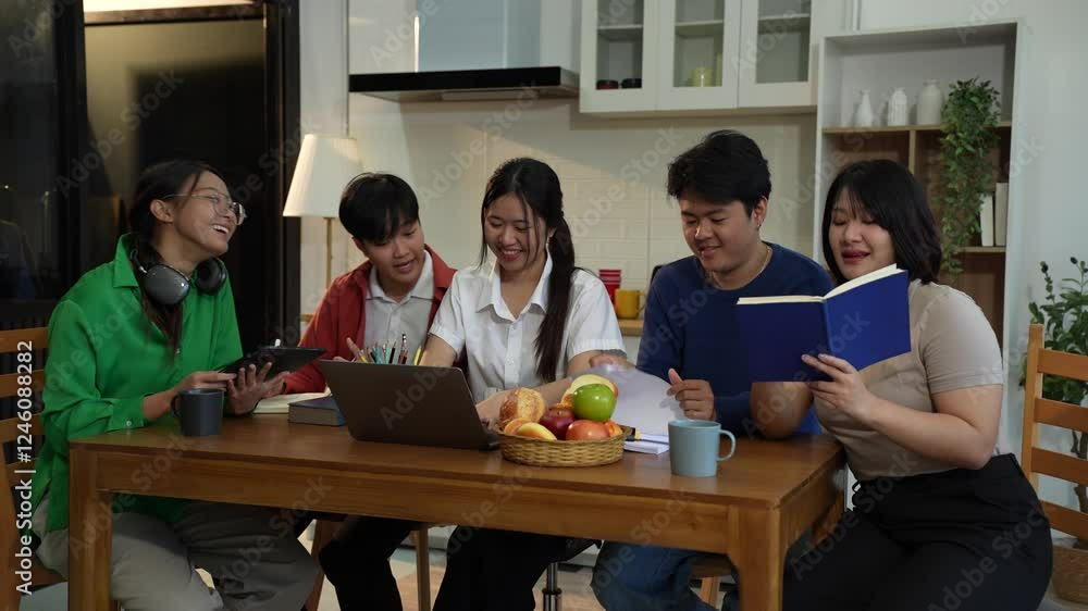 Learning online working concept. Asian college student working on tablet and laptop computer, searching knowledge in home.