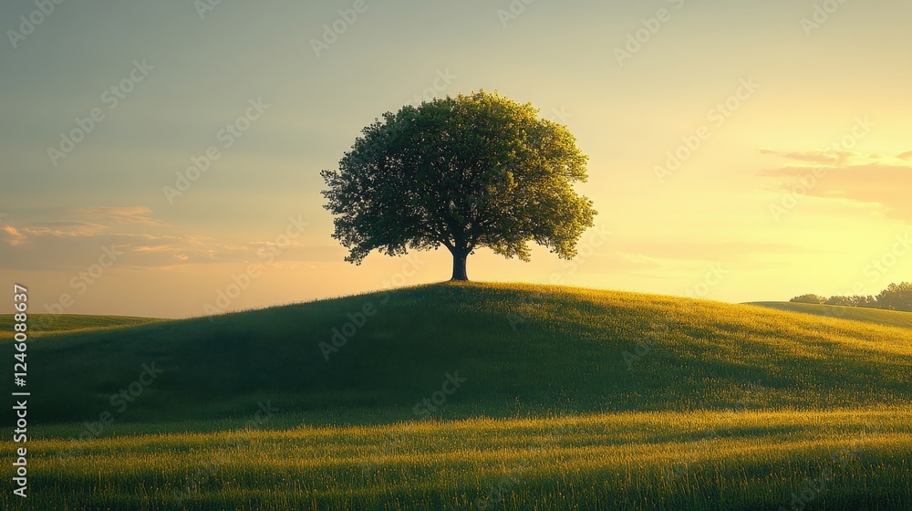 Fototapeta premium a minimalist landscape featuring a lone tree on a hill bathed in golden light