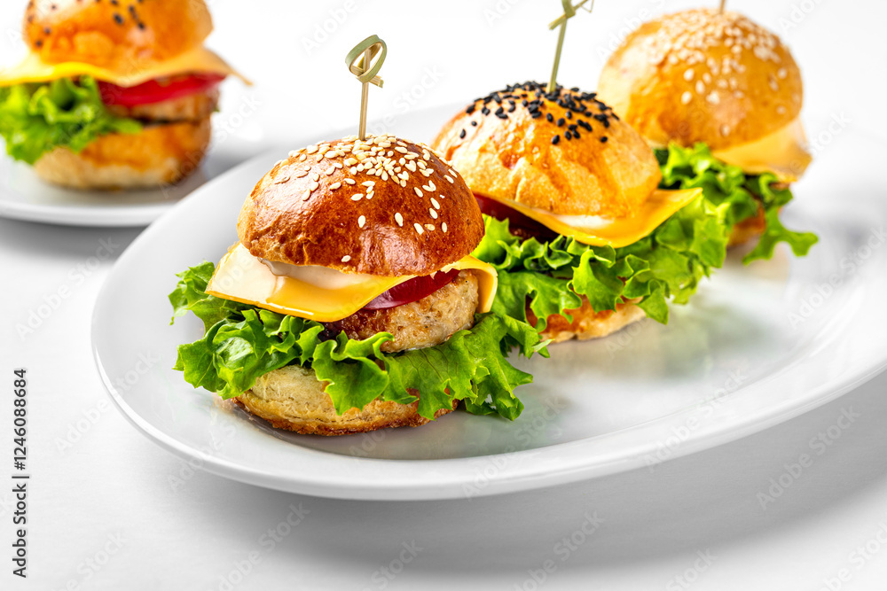 group of delicious burgers with different fillings on white plate group of delicious burgers with different fillings on white plate