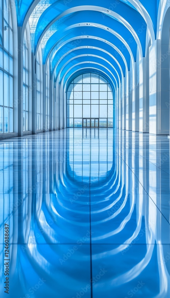 Obraz premium Modern Architecture, Arched Ceiling, Geometric Lines, And Reflections, Abstract Illusion