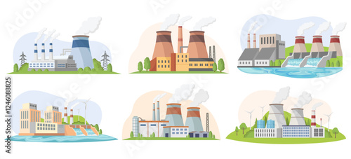 Various industrial power plants, including thermal and hydroelectric, with smokestacks, water, and greenery. Eco-industry concept. Vector illustration