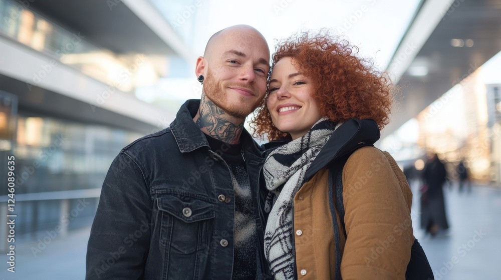Smiling couple embracing outdoors with tattoos and curly hair on urban street Smiling couple embracing outdoors with tattoos and curly hair on urban street
