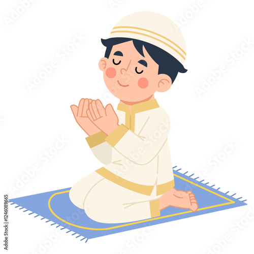Illustration of boy praying on prayer rug