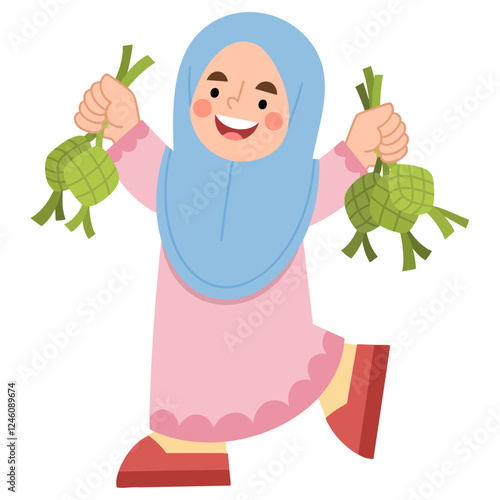 Illustration of a hijab girl holding Indonesian food ketupat