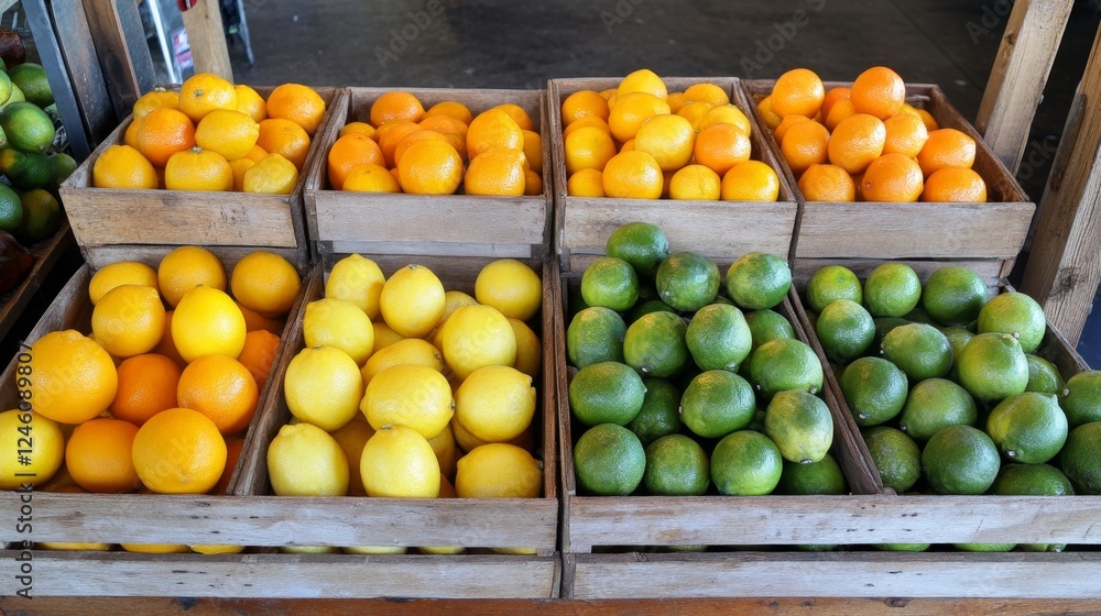 Vibrant Citrus Display in Wooden Crates Vibrant Citrus Display in Wooden Crates