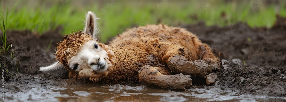 Obraz premium A young alpaca playfully rolling in the mud, its wool coated in a layer of brown dirt, while its hooves squish in the soft earth. The background features a mix of grass, mud patches, and a misty
