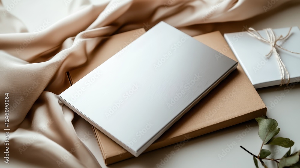 An elegant arrangement featuring a reflective notebook alongside a beautifully wrapped gift and draped fabric, capturing the essence of creativity, sophistication, and thoughtful gift-giving.