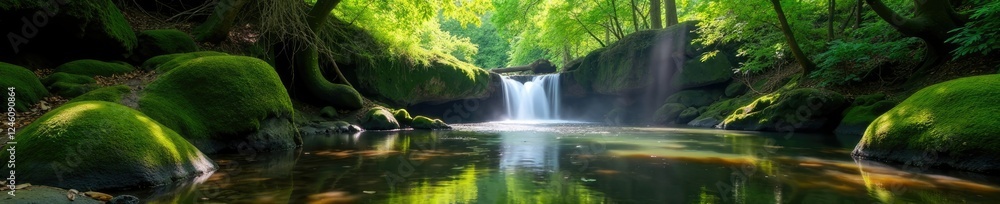 Obraz premium A tranquil forest scene with sunlight casting dappled shadows on forest floor near a gentle waterfall and pond, calm, reflection