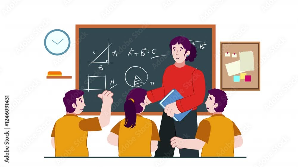 Illustrate school teachers through vector character animation. Teachers engage with students in classrooms, showcasing educational settings and interactions in a sleek and professional design. Illustrate school teachers through vector character animation. Teachers engage with students in classrooms, showcasing educational settings and interactions in a sleek and professional design.
