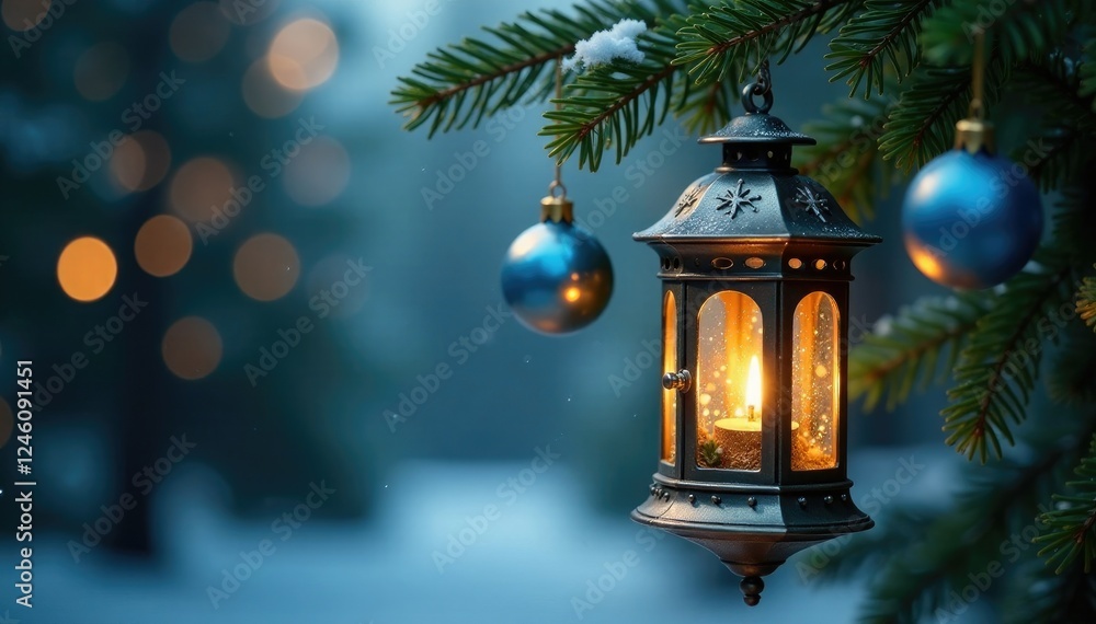 Blue and gold ornaments hanging from a metal lantern with pine branches, lantern, twinkling Blue and gold ornaments hanging from a metal lantern with pine branches, lantern, twinkling