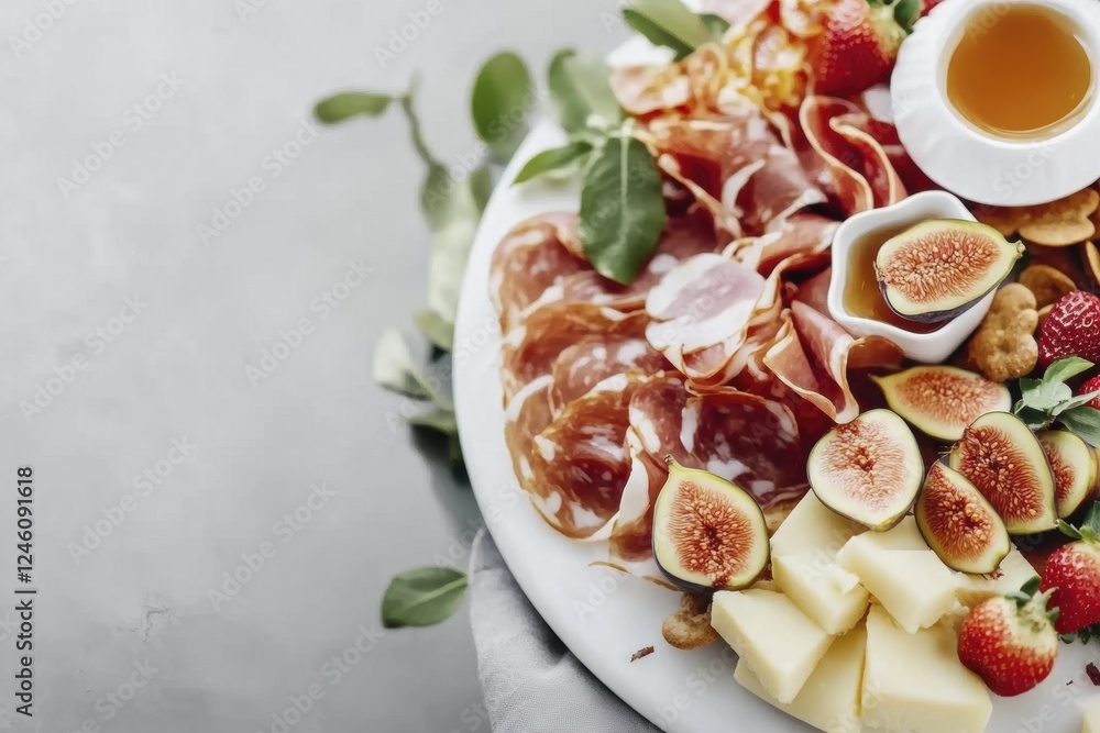 Elegant charcuterie platter with prosciutto, figs, cheese, and honey on a marble background Elegant charcuterie platter with prosciutto, figs, cheese, and honey on a marble background