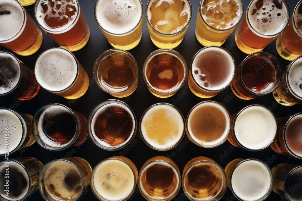 Overhead View of a Variety of Full Frothy Lager Glasses and Sizes in a Brewery Setting. Perfect for Socialising with Assortment of Beer and Ales Beverages