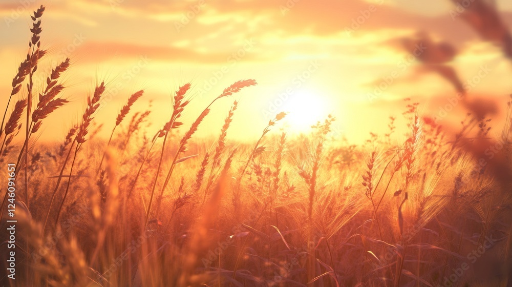 Golden wheat fields at sunset, with long shadows from the stalks stretching to the horizon