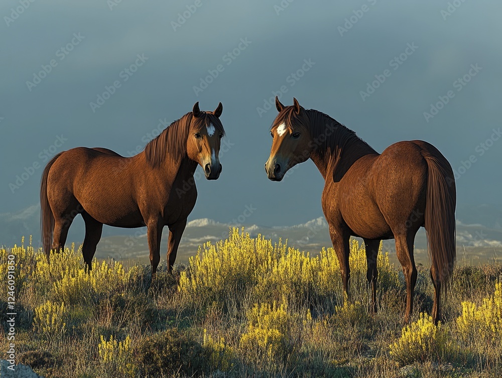 Two beautiful brown horses standing in a field with yellow wildflowers under a grey sky Two beautiful brown horses standing in a field with yellow wildflowers under a grey sky