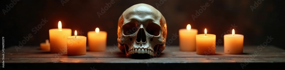 Obraz premium A skull is placed on a low wooden table with several candles surrounding it, casting a dark ambiance, skull, dark, spooky