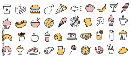 Various food and drink icons in flat graphic style, including desserts, meals, and beverages, on a white background. Vector illustration