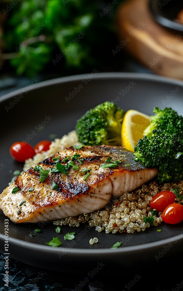 Grilled mackerel with quinoa and steamed broccoli, high in omega3s, brain health and wellness