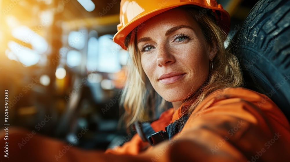 This image showcases a confident woman wearing protective gear and a hard hat, embodying strength and assurance in her dynamic work environment with machinery. This image showcases a confident woman wearing protective gear and a hard hat, embodying strength and assurance in her dynamic work environment with machinery.