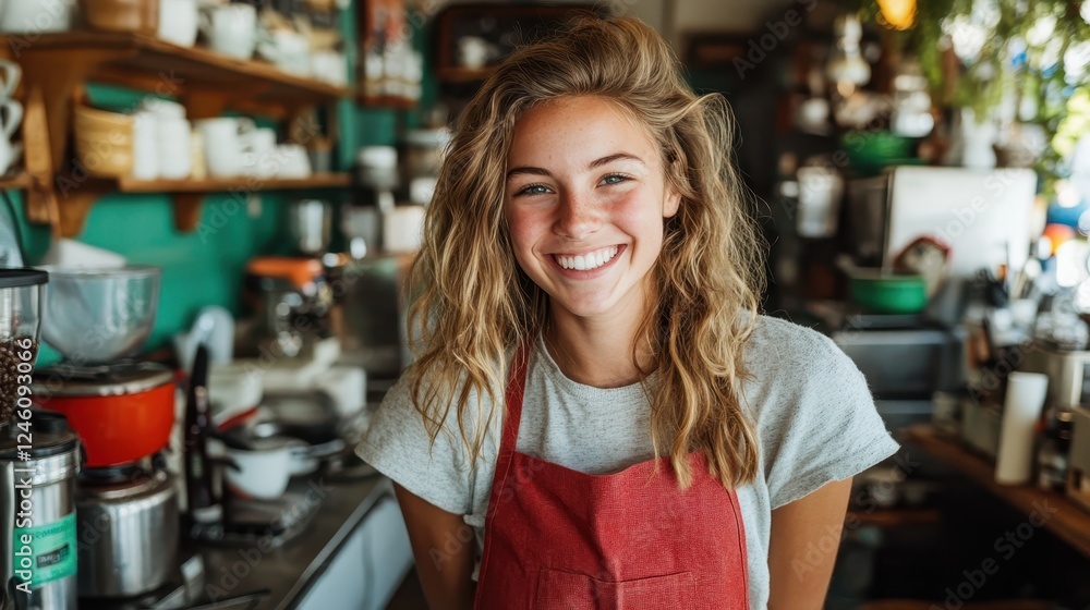 A smiling barista stands proudly in a cozy café setting, showcasing warmth and happiness while ready to serve coffee. The inviting atmosphere is felt throughout the image. A smiling barista stands proudly in a cozy café setting, showcasing warmth and happiness while ready to serve coffee. The inviting atmosphere is felt throughout the image.