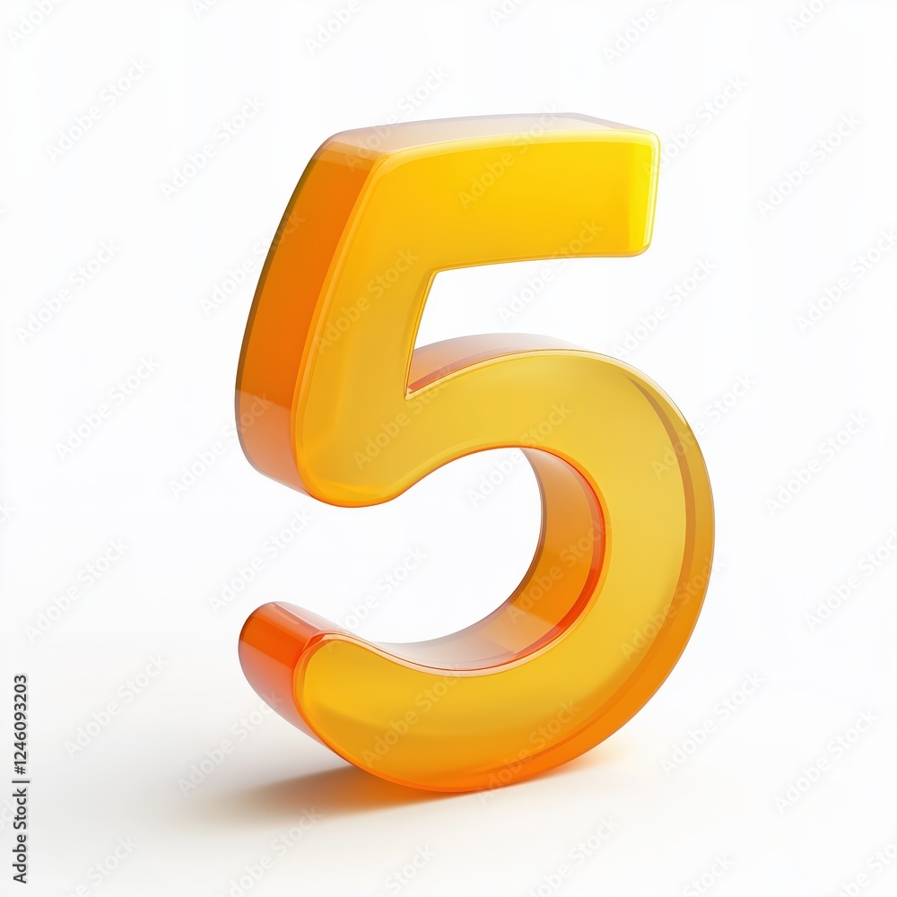 Naklejka premium Bright, glossy 3D rendering of the number five in vibrant orange and yellow hues.