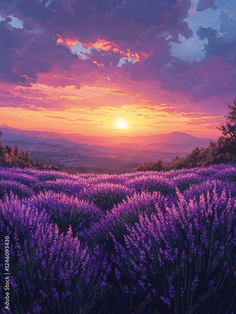 Wonderful nature landscape, amazing sunset scenery with blooming lavender flowers. Moody sky, pastel colors on bright landscape view. Floral panoramic meadow nature in lines with trees and horizon