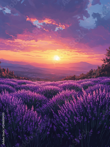 Obraz na płótnie Wonderful nature landscape, amazing sunset scenery with blooming lavender flowers. Moody sky, pastel colors on bright landscape view. Floral panoramic meadow nature in lines with trees and horizon w salonie