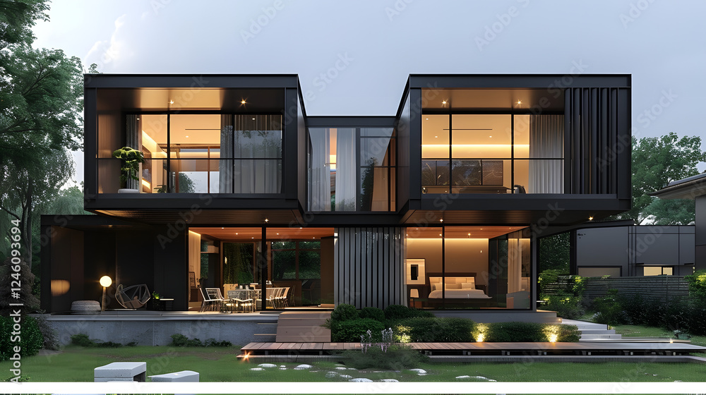 Fototapeta premium Modern modular private black townhouses. Residential architecture exterior. Created with