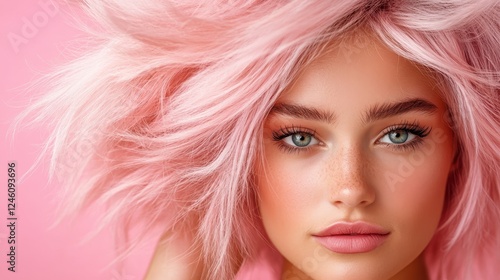 A close-up portrait of a stunning model with pink hair and sparkling eyes radiates charm and confidence, emphasizing contemporary beauty trends in a striking color palette. photo