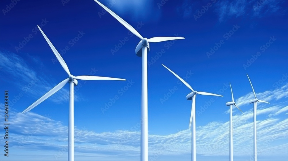 Modern Wind Turbines Against Clear Blue Sky with Fluffy Clouds