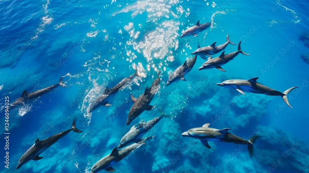 Peaceful Spinner Dolphins in Red Sea. A mesmerizing view of diverse spinner dolphins seen from above in Egypt's Red sea waters Peaceful Spinner Dolphins in Red Sea. A mesmerizing view of diverse spinner dolphins seen from above in Egypt's Red sea waters