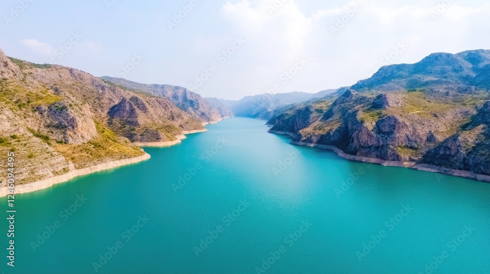 Aerial view of a serene turquoise lake surrounded by rugged mountains under a clear sky Aerial view of a serene turquoise lake surrounded by rugged mountains under a clear sky