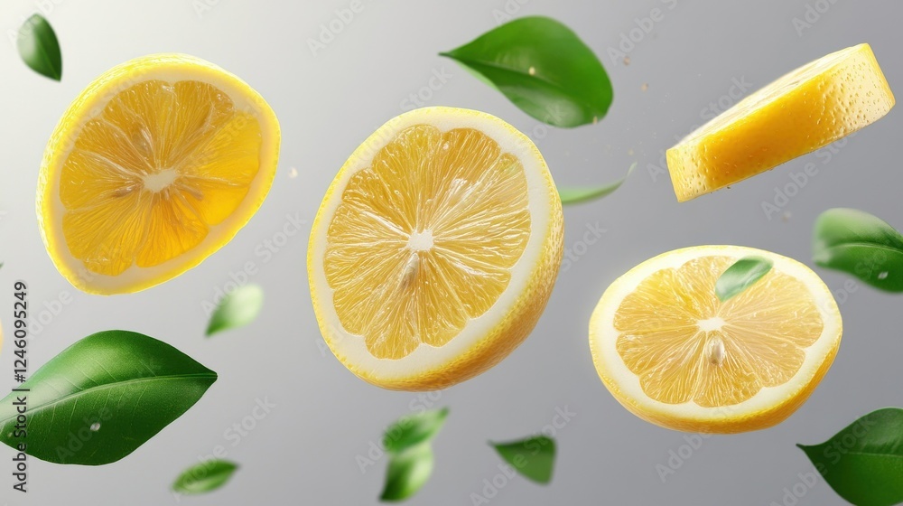 Fototapeta premium Yellow lemon slices falling with green leaves isolated on transparent background