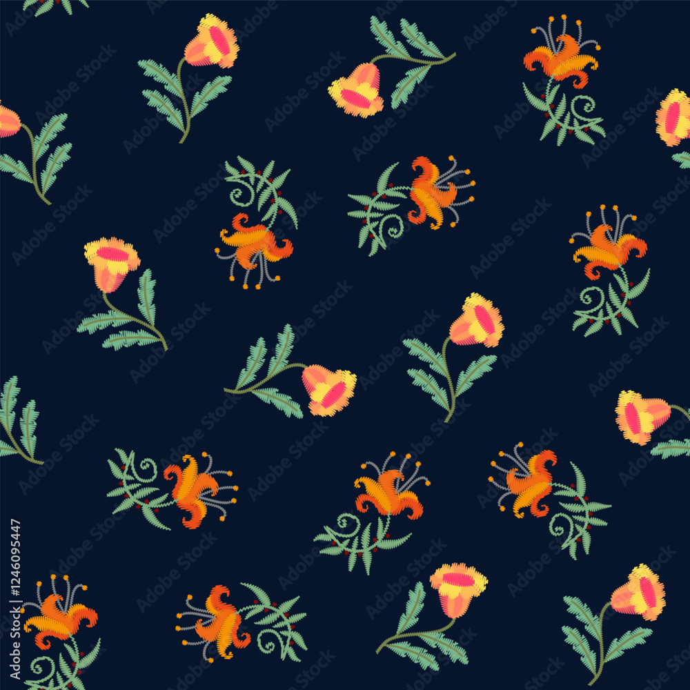 Bright embroidery flowers on black background. Seamless vector design. Floral pattern. Bright embroidery flowers on black background. Seamless vector design. Floral pattern.