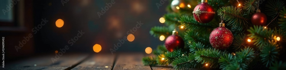 Obraz premium The Christmas tree is lit up with twinkling lights and ornaments, ornaments, sparkle, festive atmosphere