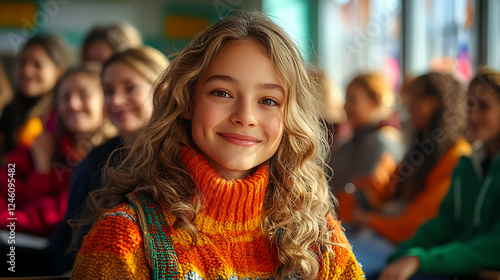 Wallpaper Mural Happy girl with long curly hair smiles warmly, wearing a vibrant orange and yellow sweater. Torontodigital.ca