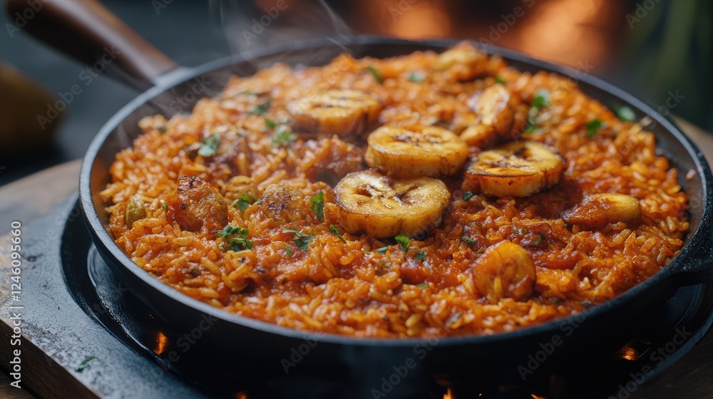 Steaming Jollof Rice with Fried Plantain in a Cast Iron Pan Close Up Steaming Jollof Rice with Fried Plantain in a Cast Iron Pan Close Up
