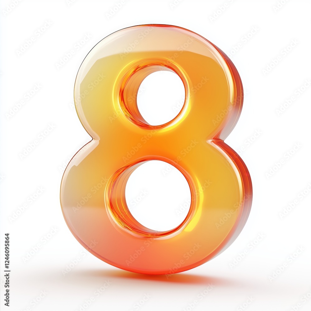 A shiny, translucent 3D number eight with a gradient orange color on a white background. A shiny, translucent 3D number eight with a gradient orange color on a white background.