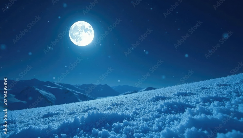 Fototapeta premium Snowfield in moonlit darkness with snow crystals, quiet, stillness