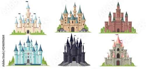 Collection of six vibrant castle illustrations, each with unique architecture, on a white background. Concept of fairytale castles. Vector illustration
