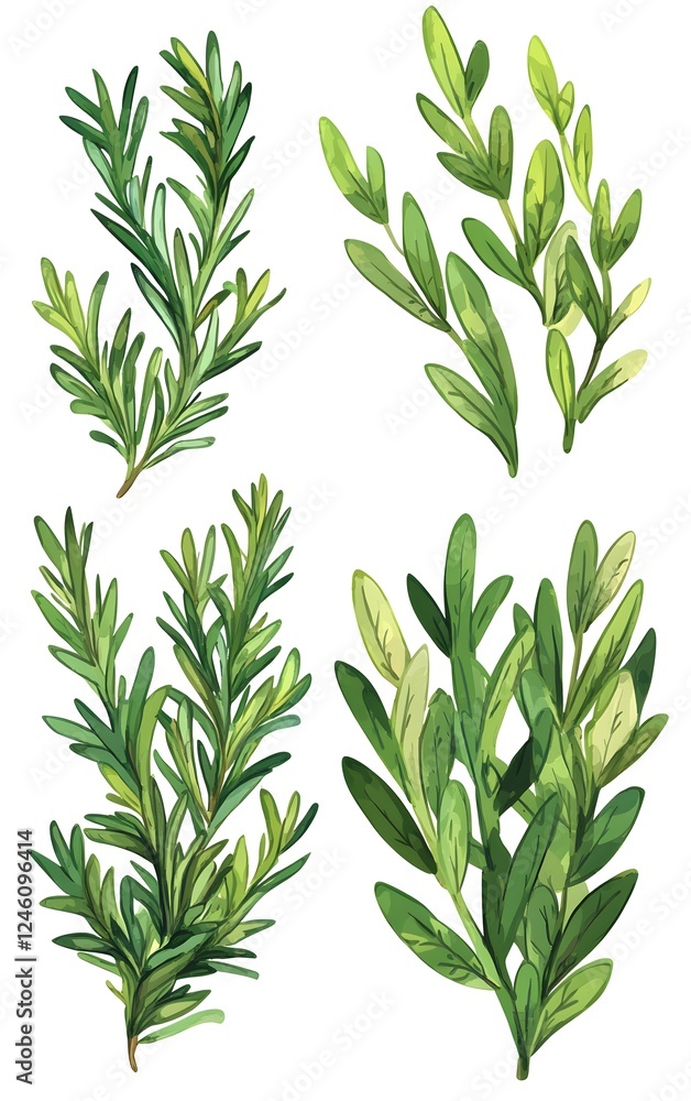 Fototapeta premium Illustrate rosemary sprigs with detailed leaves in a vibrant green color, isolated on white