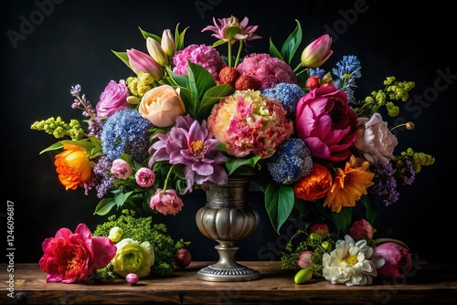 Wallpaper Mural Baroque Silhouette: Vintage Bouquet of Peonies, Hydrangeas, Lilies, Irises & Tulips Torontodigital.ca