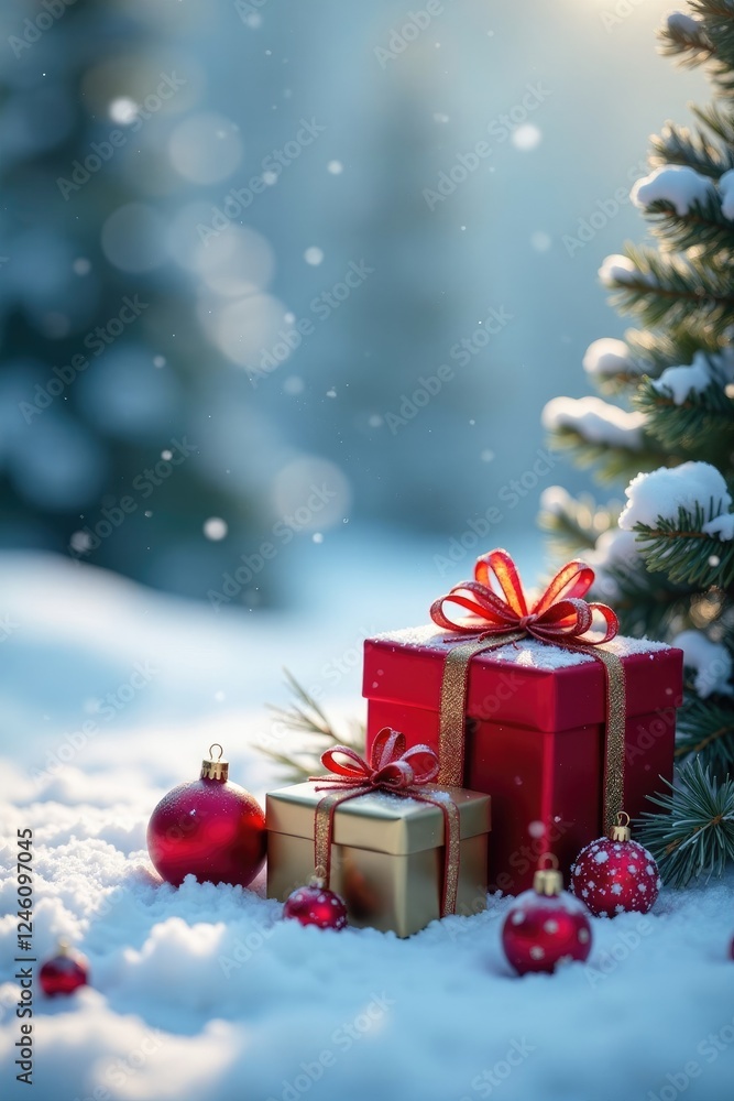 Snowy landscape with presents and ornaments on white surface, holiday decorations, winter Snowy landscape with presents and ornaments on white surface, holiday decorations, winter