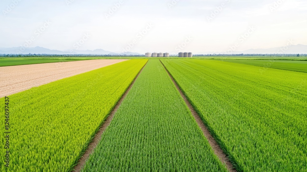 Aerial view of vibrant green rice fields with distant structures and mountains under a clear sky Aerial view of vibrant green rice fields with distant structures and mountains under a clear sky