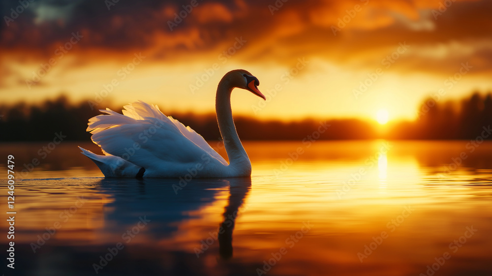 Fototapeta premium graceful swan swimming on tranquil lake at sunrise, reflecting warm colors of sky. serene atmosphere evokes sense of peace and beauty